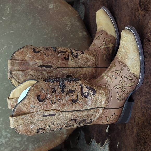 CORRAL C1167 antique tan distressed leather cowgirl western boots square toe 9.5 - Picture 3 of 16